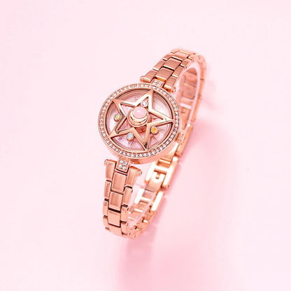 Celestial Prism Pearl Watch — Crescent Moon & Star Charm Quartz Bracelet Watch for Women