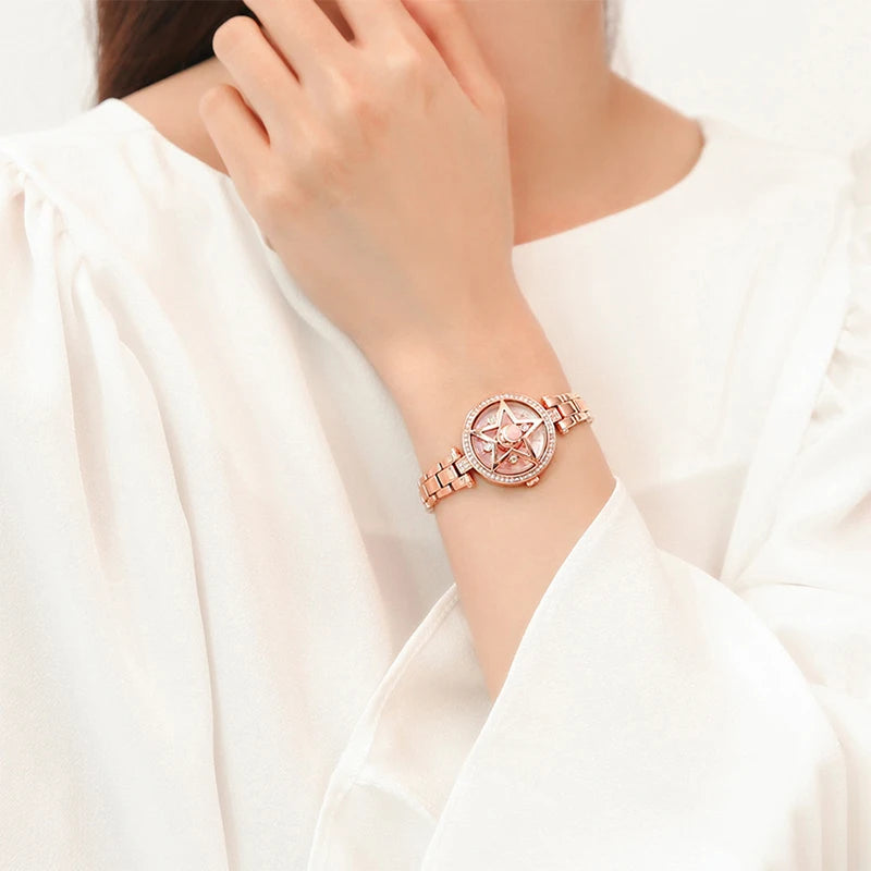 Celestial Prism Pearl Watch — Crescent Moon & Star Charm Quartz Bracelet Watch for Women