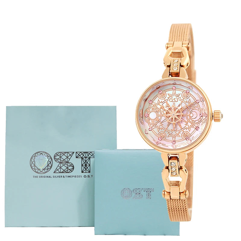 Celestial Prism Pearl Watch — Crescent Moon & Star Charm Quartz Bracelet Watch for Women