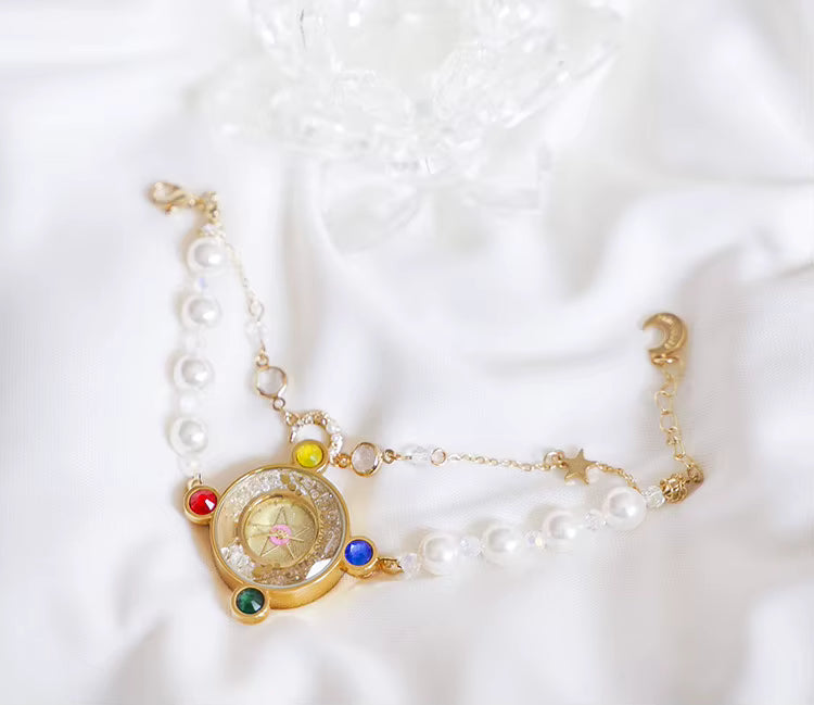 Celestial Prism Pearl Watch — Crescent Moon & Star Charm Quartz Bracelet Watch for Women