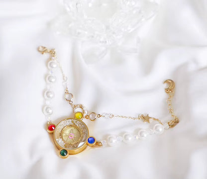 Celestial Prism Pearl Watch — Crescent Moon & Star Charm Quartz Bracelet Watch for Women